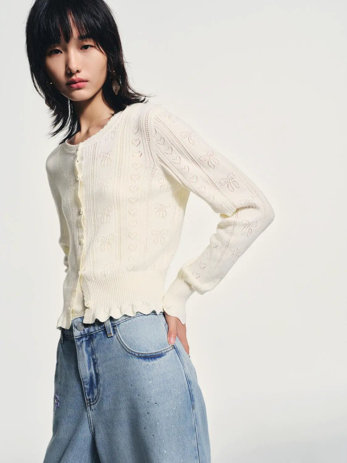 Cotton Textured Long Sleeve Button Front Cardigan