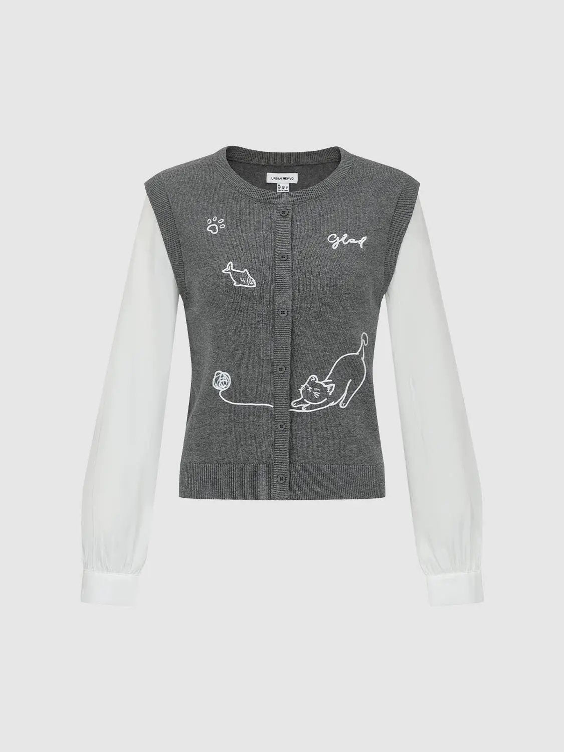 Embroidered Cat Pattern Crew Neck Cotton Knitted T-shirt