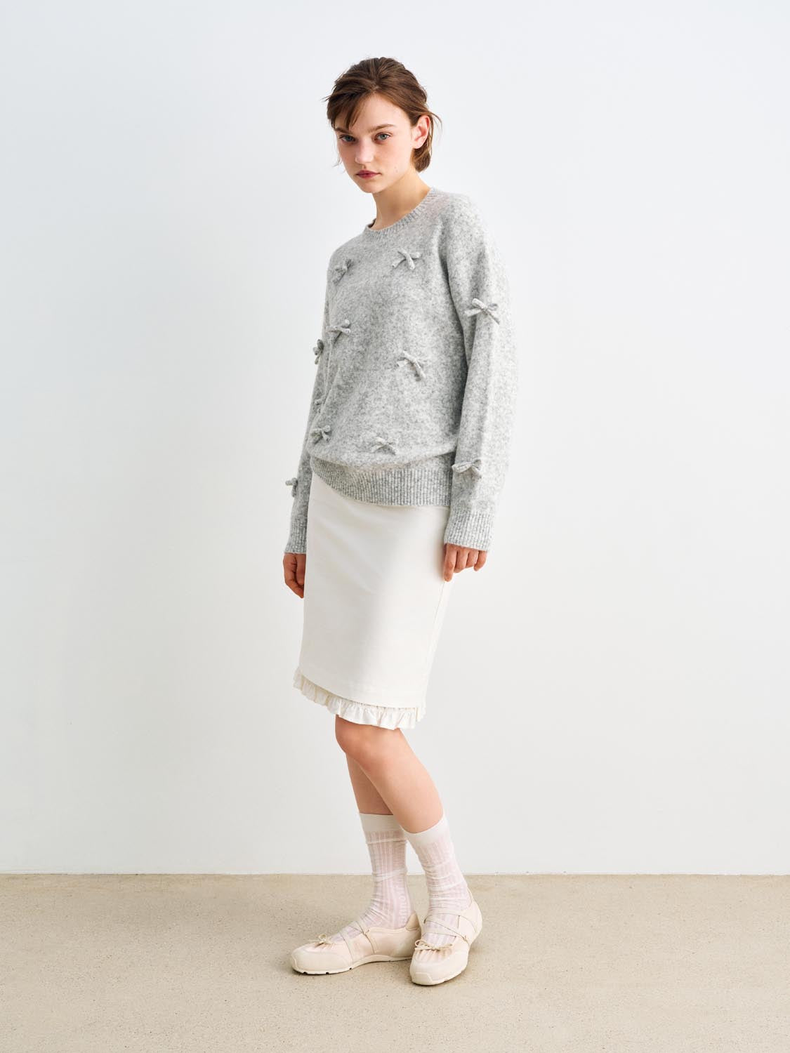 Bow Ribbed Hem Shirt Collar Long Sleeve Sweater