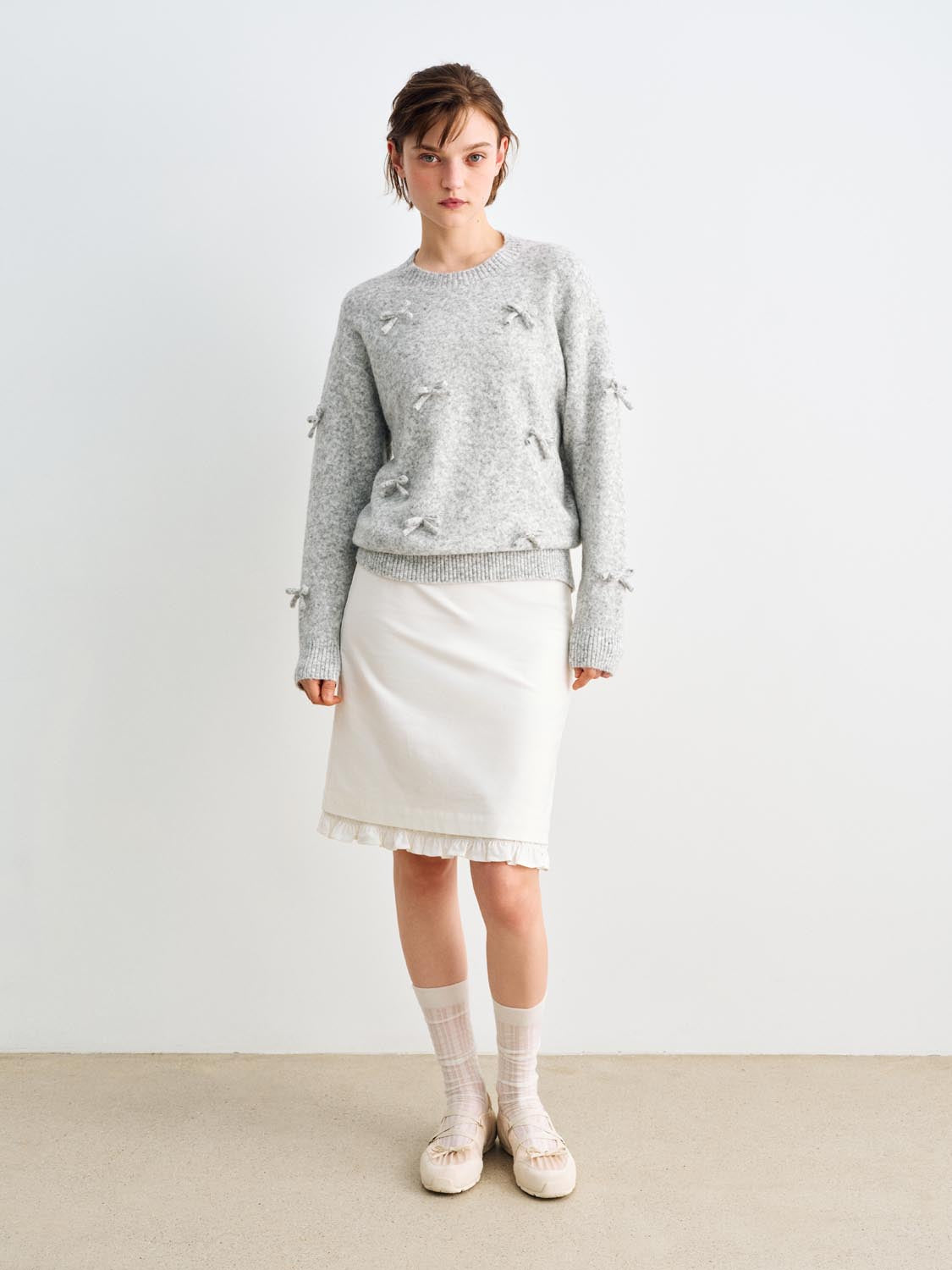 Bow Ribbed Hem Shirt Collar Long Sleeve Sweater