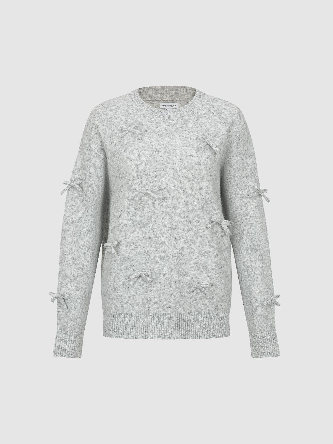 Bow Ribbed Hem Shirt Collar Long Sleeve Sweater