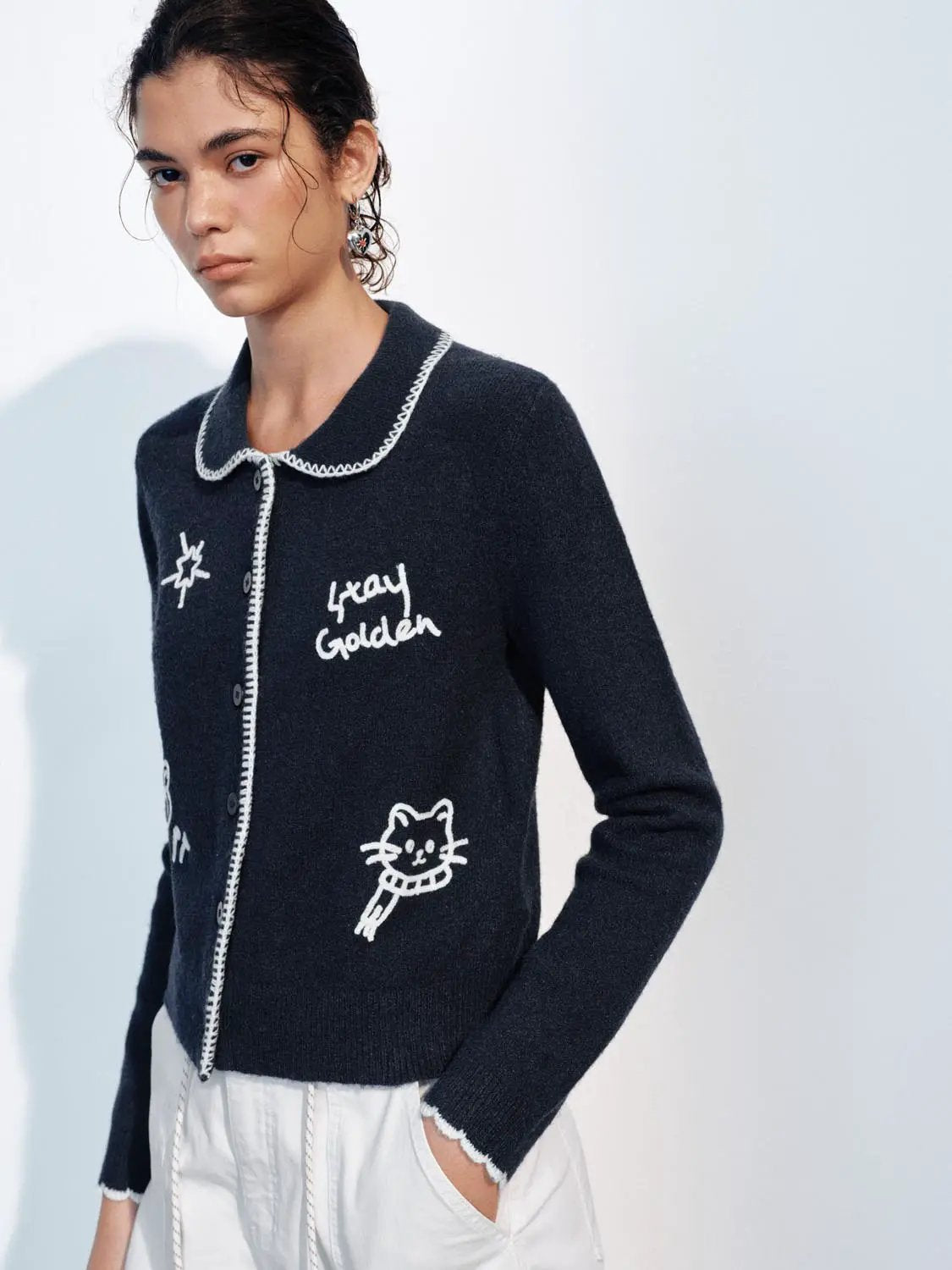 Embroidered Long Sleeve Button Front Cardigan