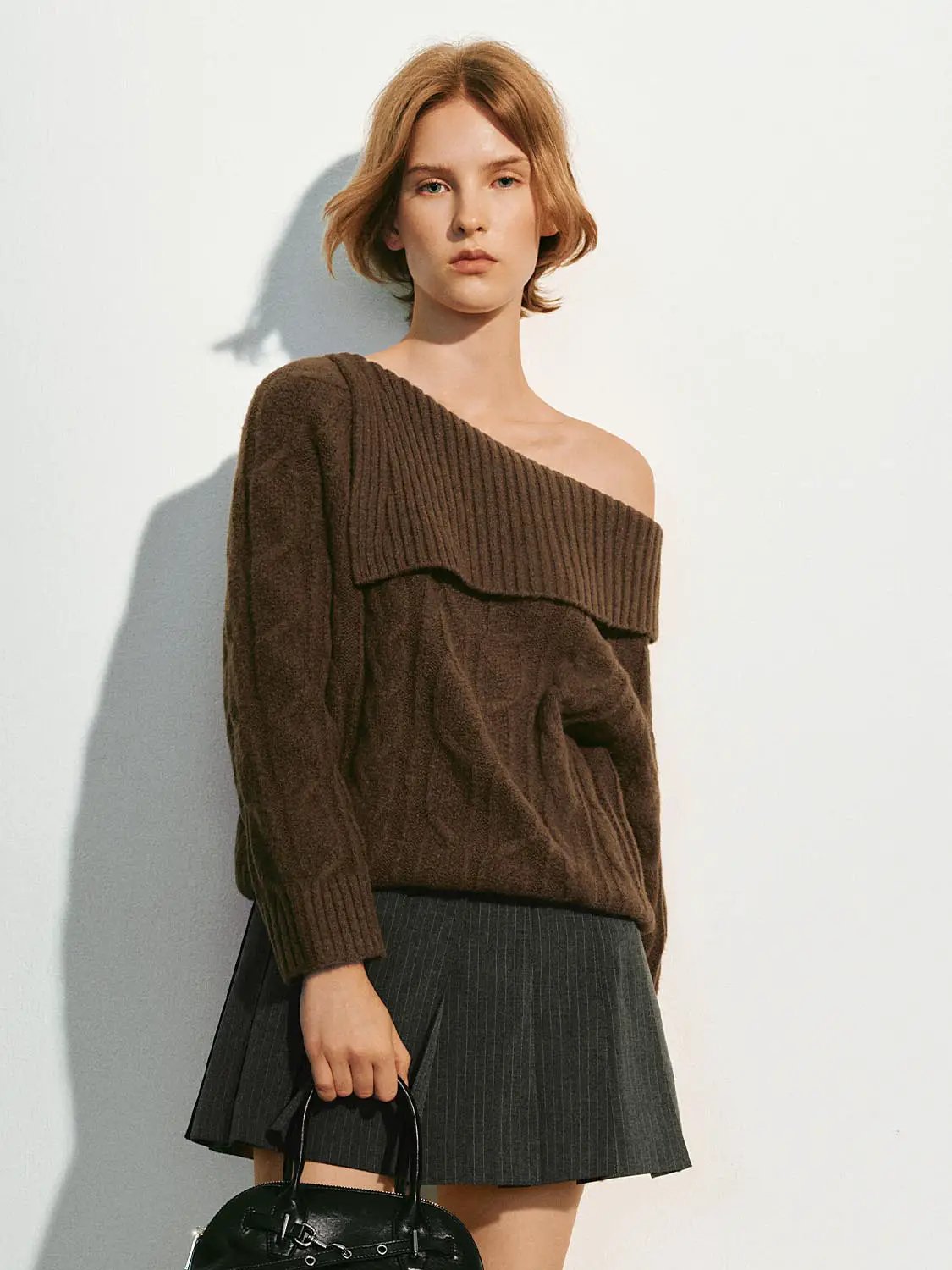 One-Shoulder Ribbed Long Sleeve Knit Sweater