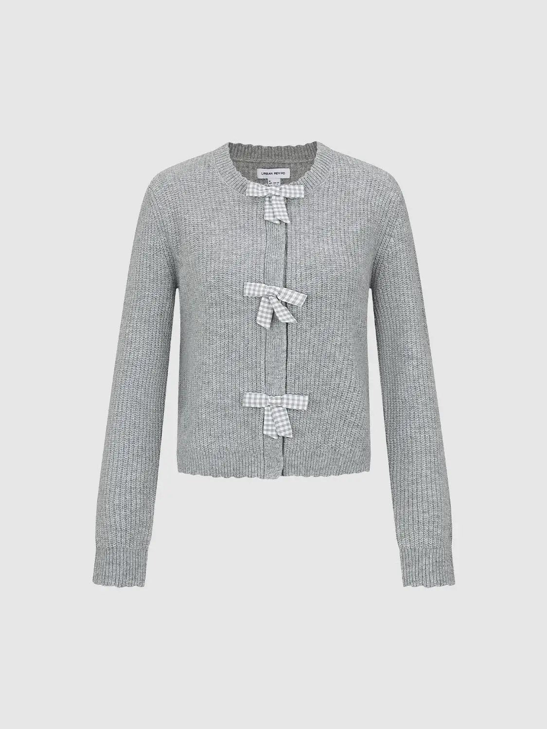 Bow Front Ribbed Crew Neck Long Sleeve Cardigan