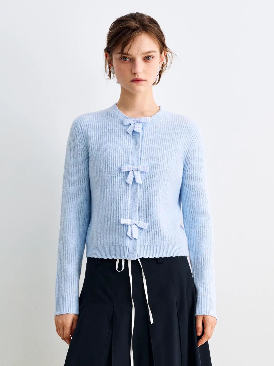 Bow Front Ribbed Crew Neck Long Sleeve Cardigan