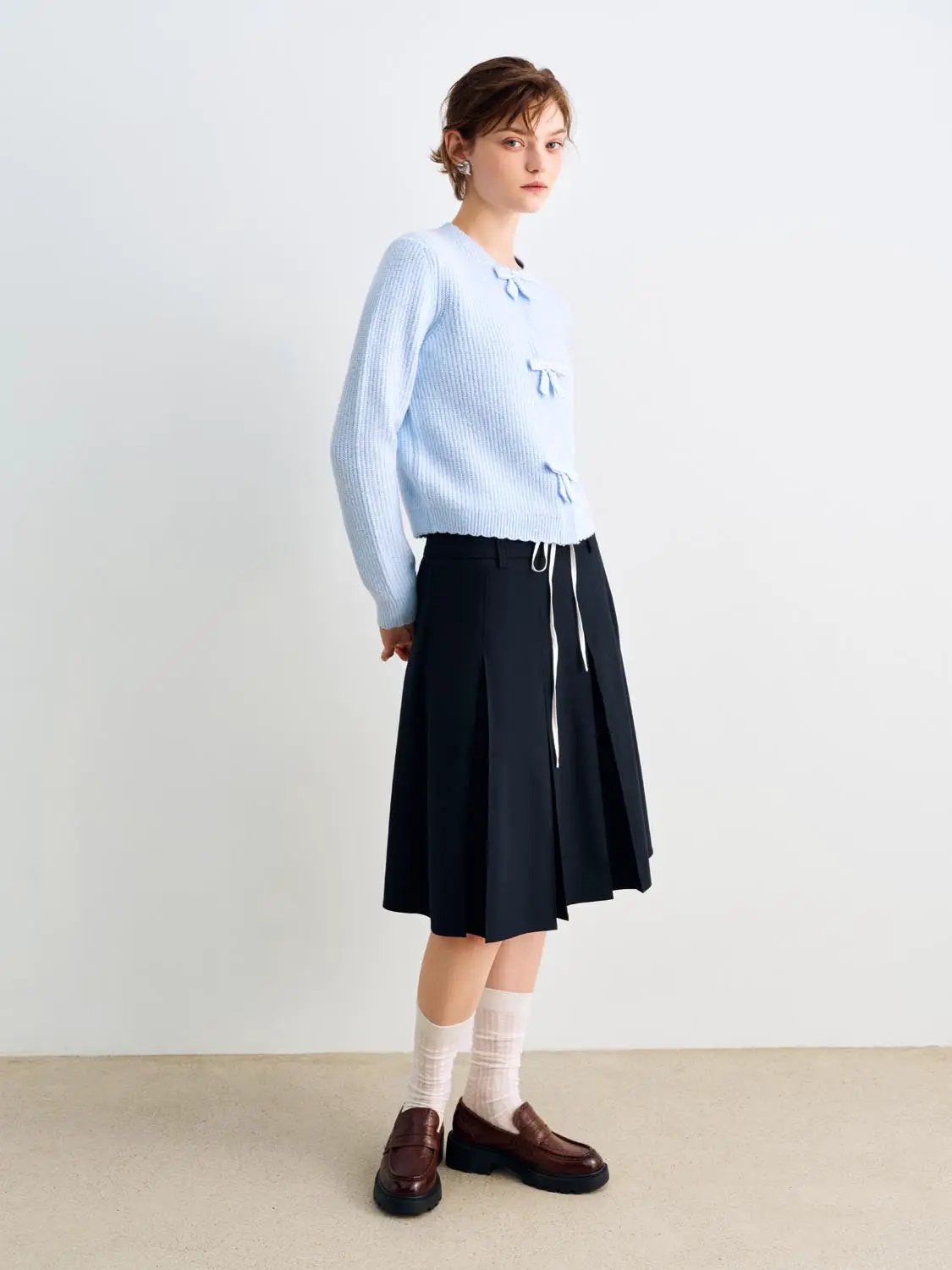 Bow Front Ribbed Crew Neck Long Sleeve Cardigan