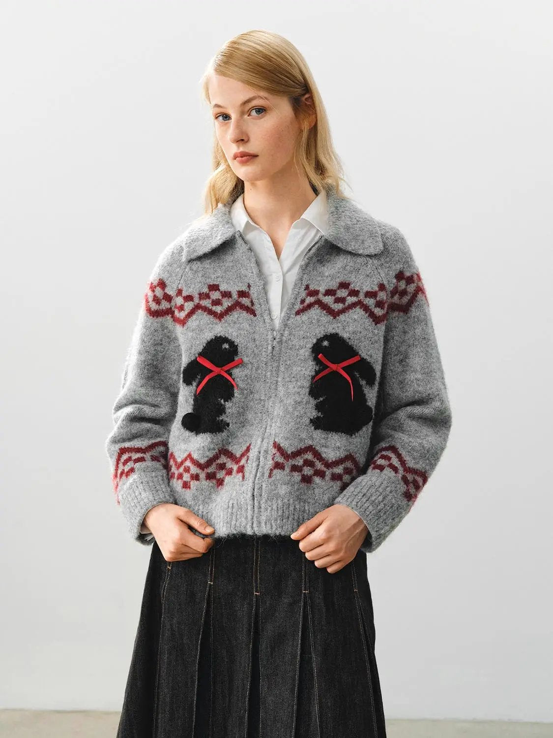 Collared Geometric Bunny Pattern Long Sleeve Knit Jacket