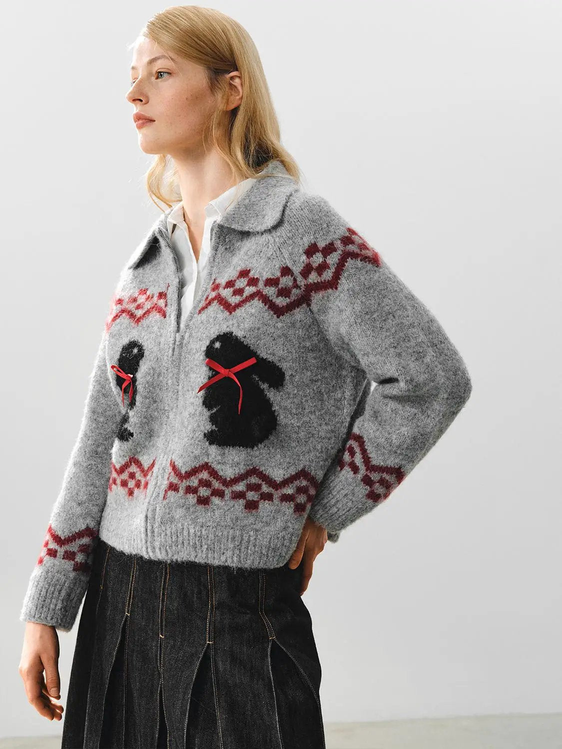 Collared Geometric Bunny Pattern Long Sleeve Knit Jacket