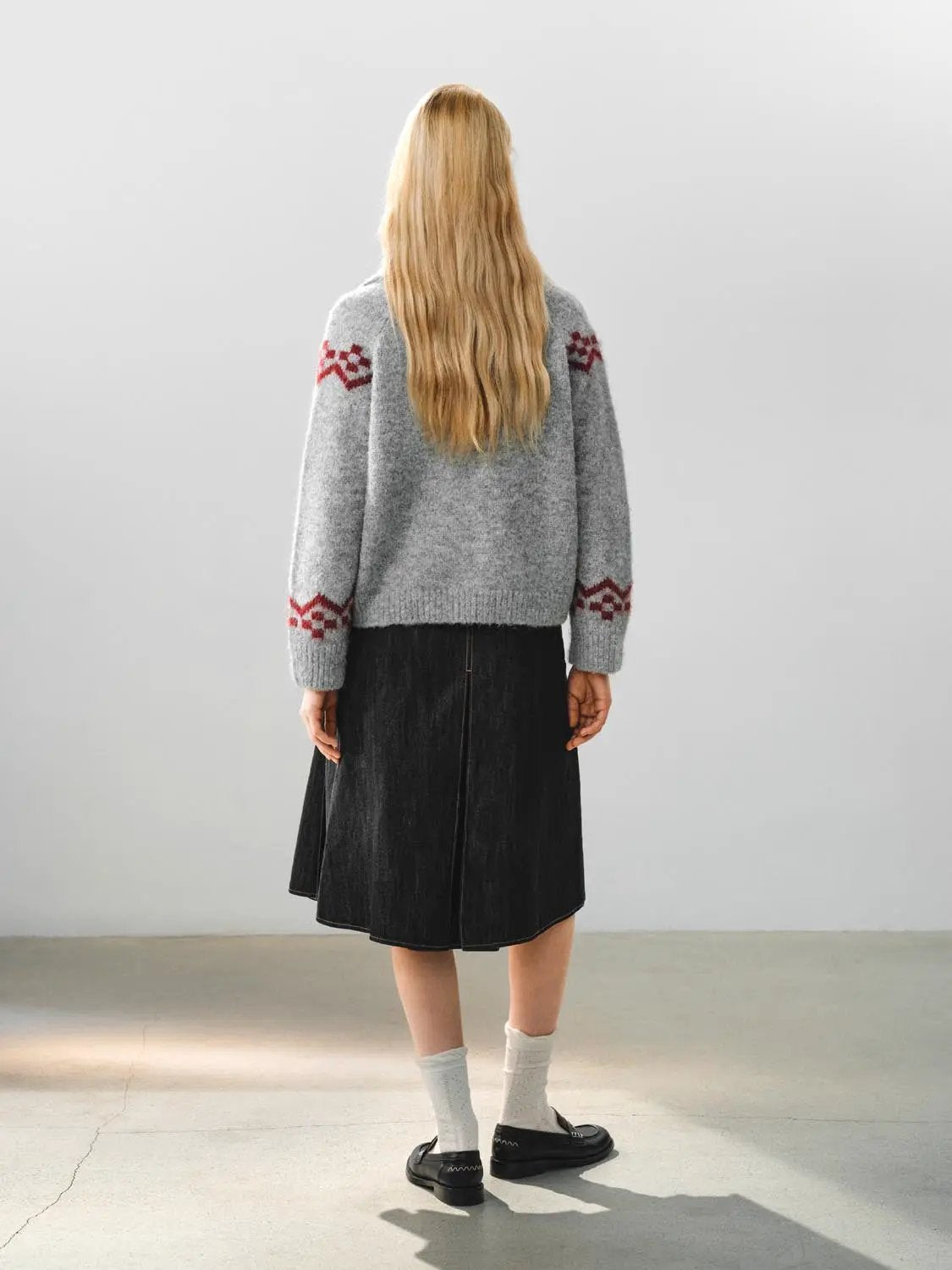 Collared Geometric Bunny Pattern Long Sleeve Knit Jacket