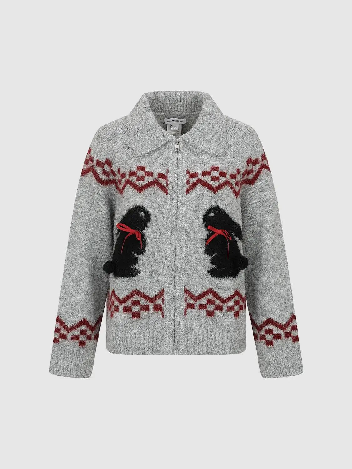 Collared Geometric Bunny Pattern Long Sleeve Knit Jacket
