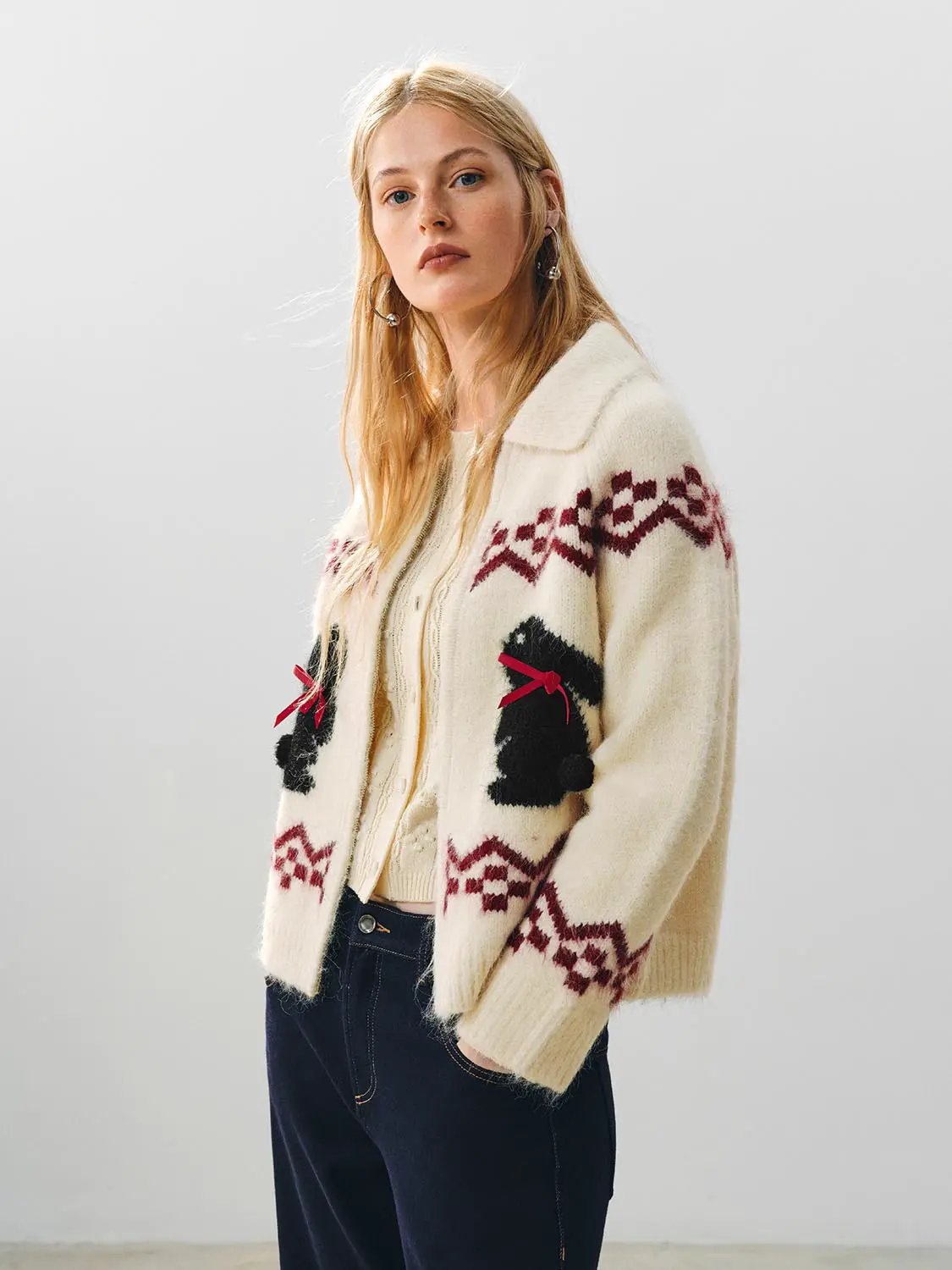 Collared Geometric Bunny Pattern Long Sleeve Knit Jacket