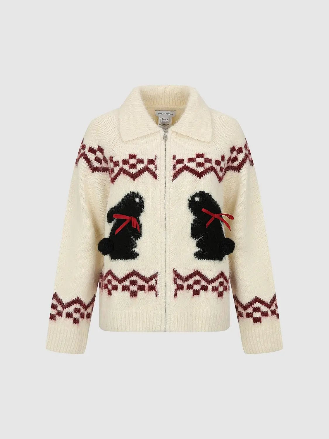 Collared Geometric Bunny Pattern Long Sleeve Knit Jacket