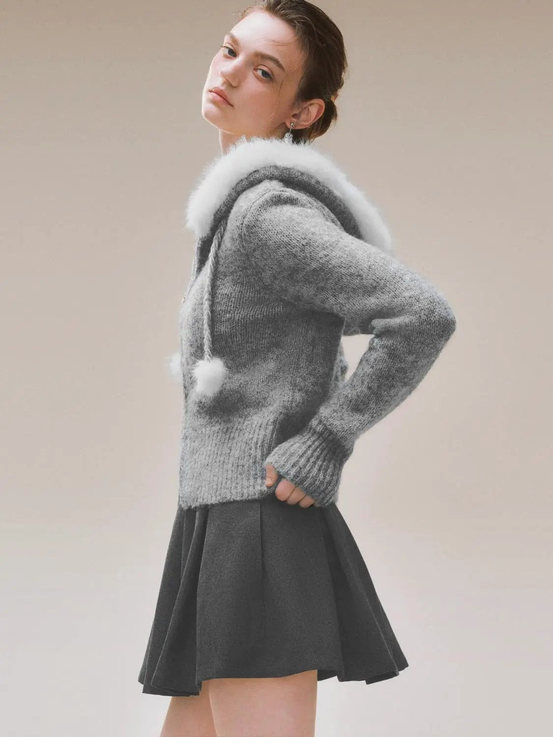 Textured Zip Front Long Sleeve Knit Jacket With Pompom Drawstrings