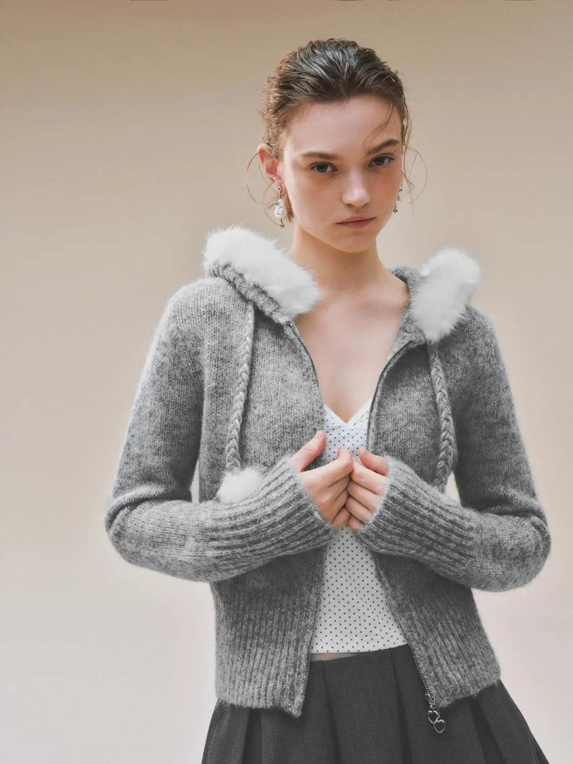 Textured Zip Front Long Sleeve Knit Jacket With Pompom Drawstrings