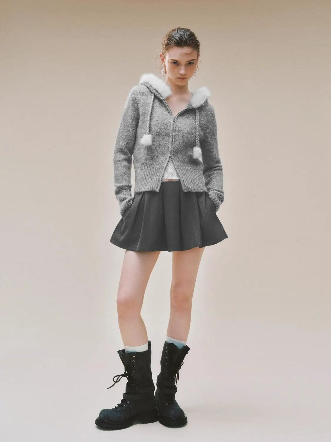 Textured Zip Front Long Sleeve Knit Jacket With Pompom Drawstrings