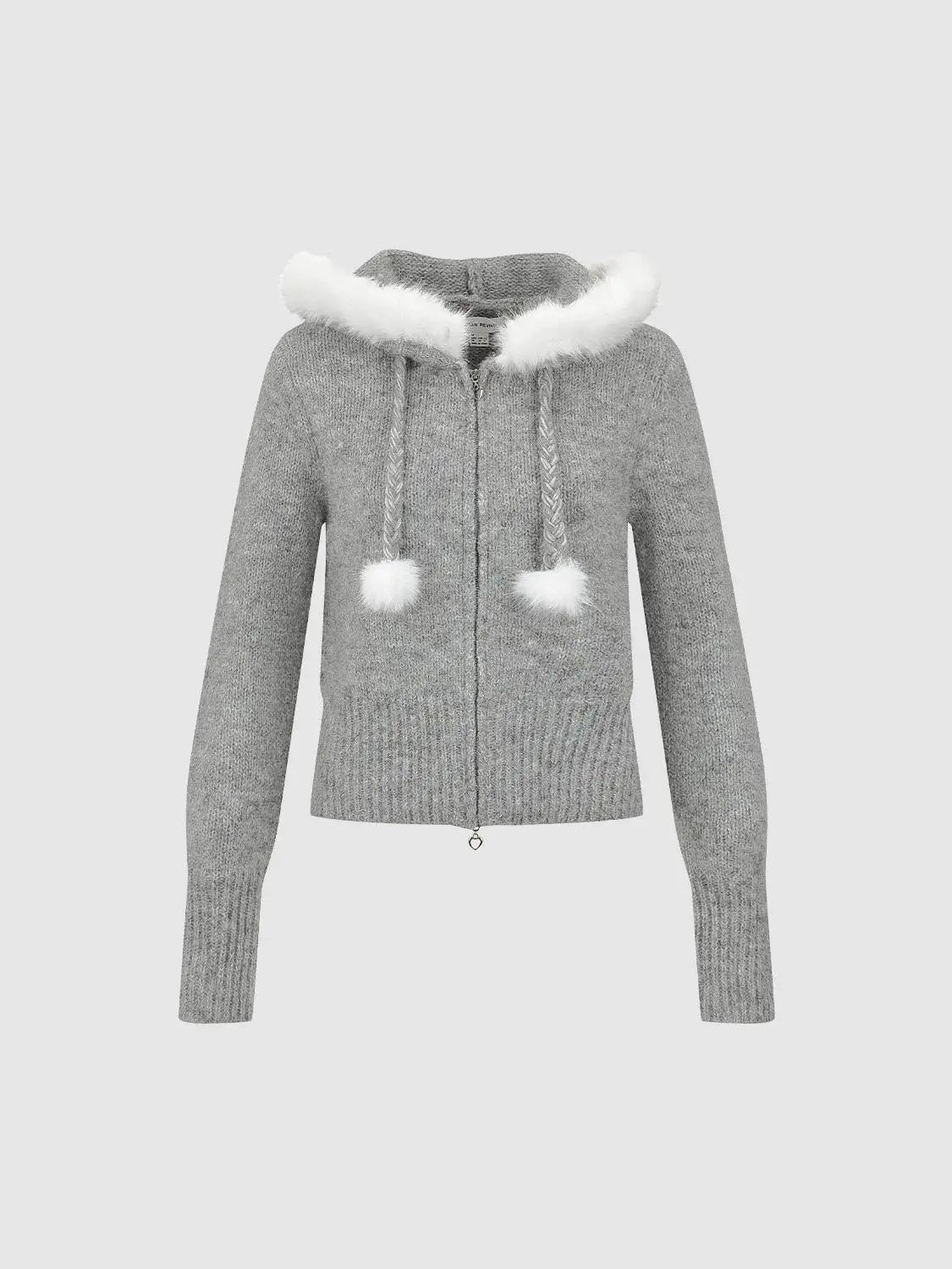Textured Zip Front Long Sleeve Knit Jacket With Pompom Drawstrings