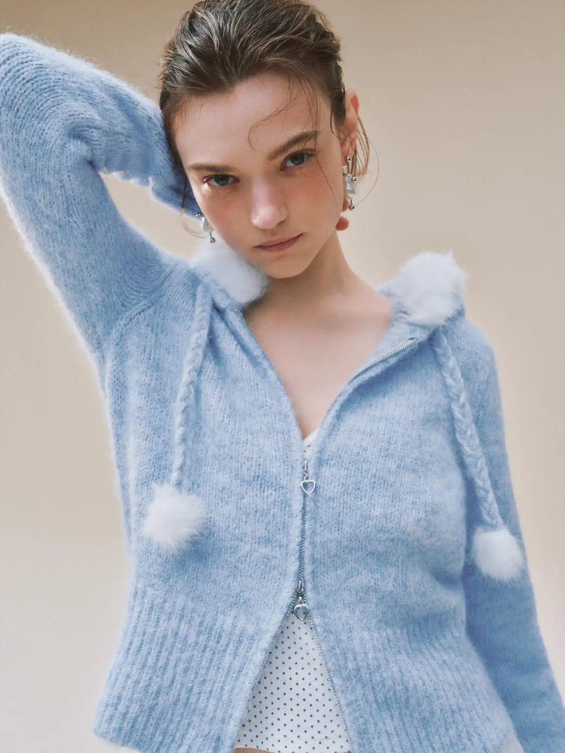 Textured Zip Front Long Sleeve Knit Jacket With Pompom Drawstrings