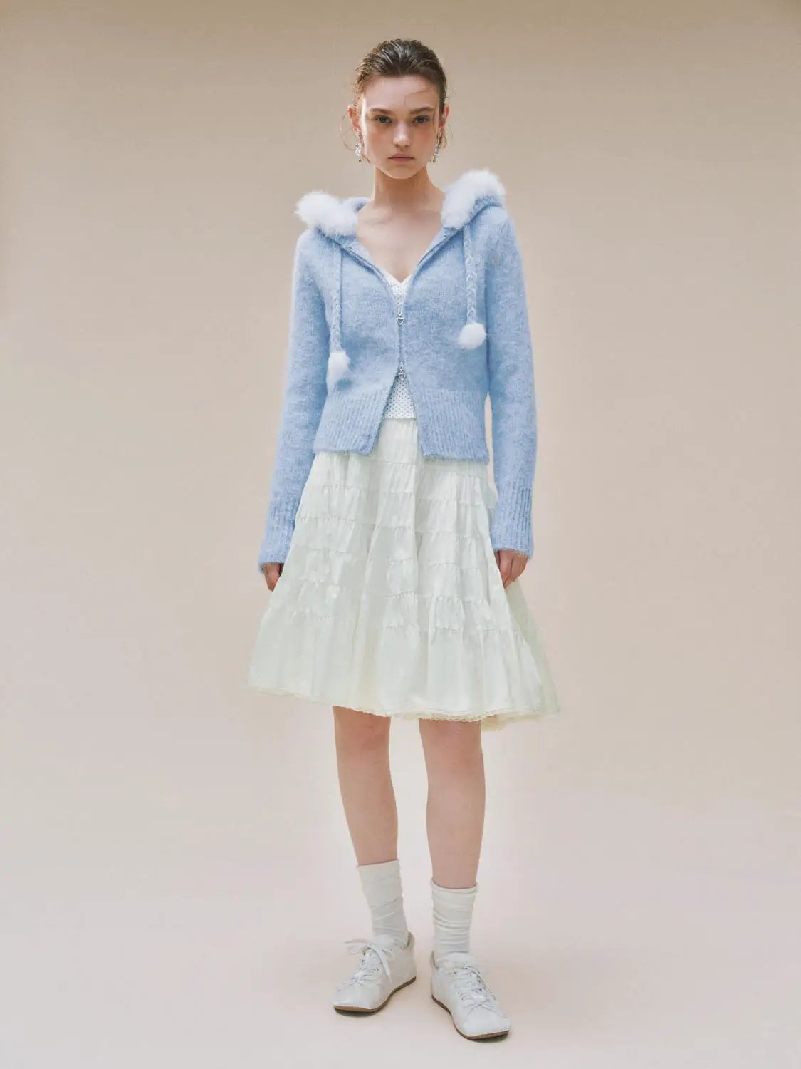 Textured Zip Front Long Sleeve Knit Jacket With Pompom Drawstrings