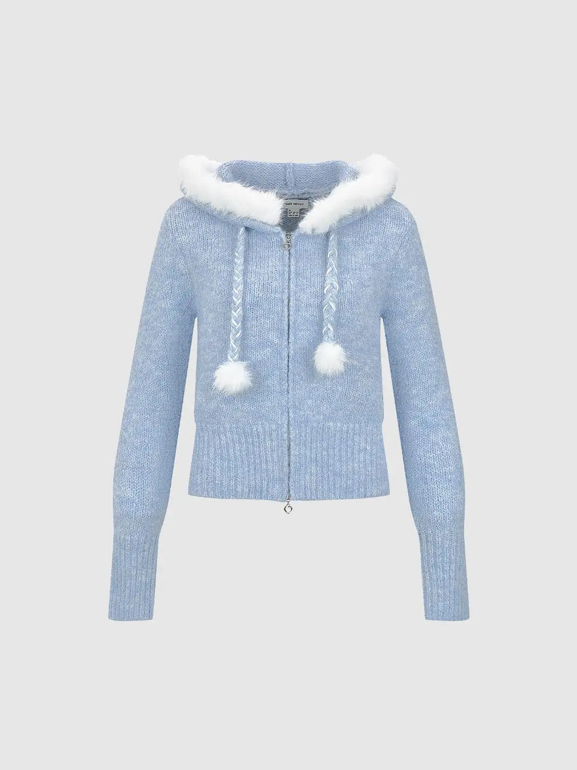 Textured Zip Front Long Sleeve Knit Jacket With Pompom Drawstrings