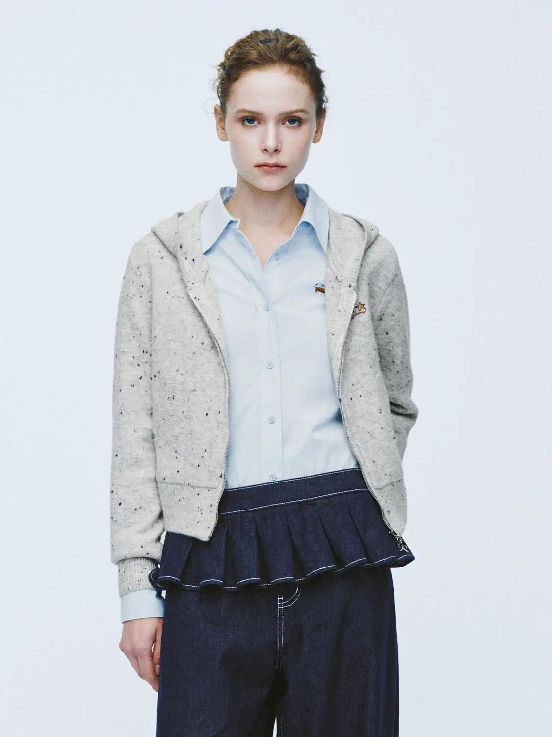 Speckled Long Sleeve Hooded Cropped Embroidered Knit Jacket