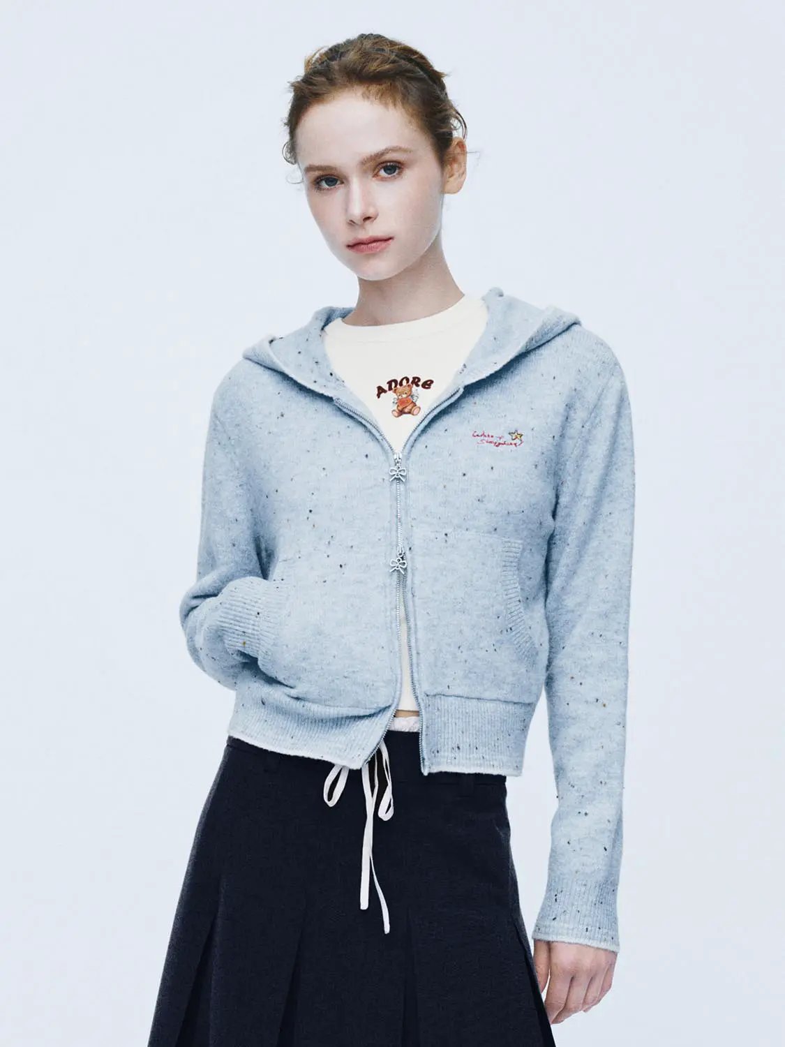 Speckled Long Sleeve Hooded Cropped Embroidered Knit Jacket