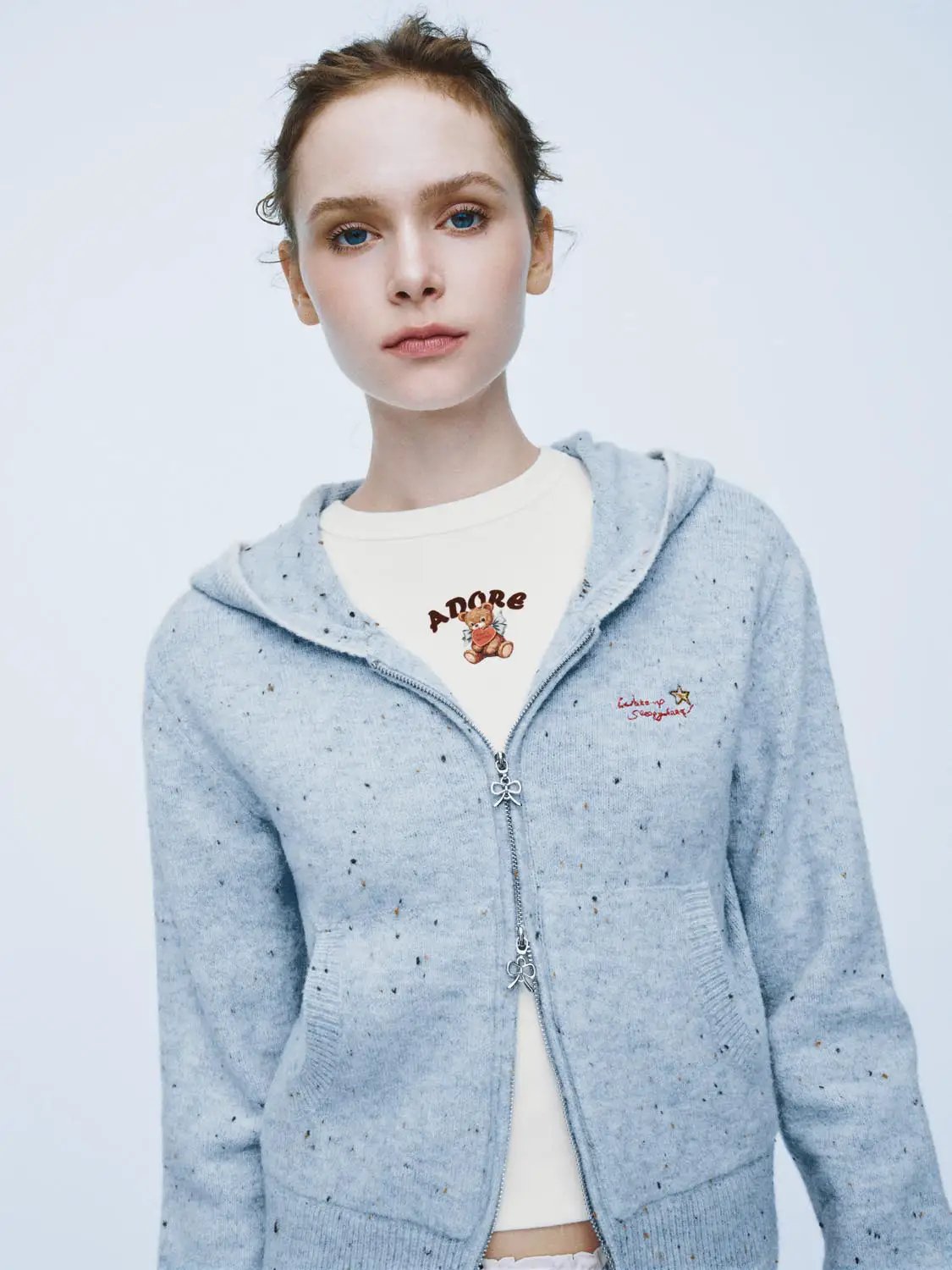Speckled Long Sleeve Hooded Cropped Embroidered Knit Jacket