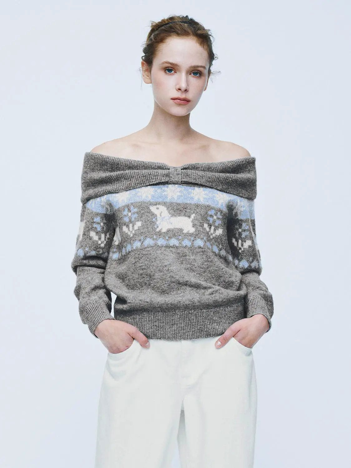 Ribbed Fair Isle Off-Shoulder Long Sleeve Sweater