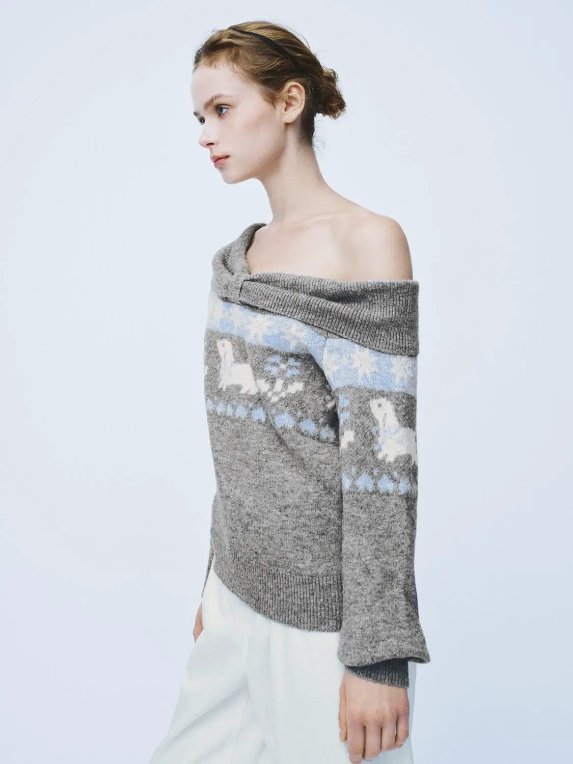 Ribbed Fair Isle Off-Shoulder Long Sleeve Sweater