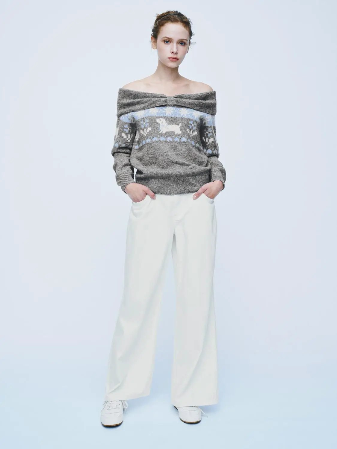 Ribbed Fair Isle Off-Shoulder Long Sleeve Sweater