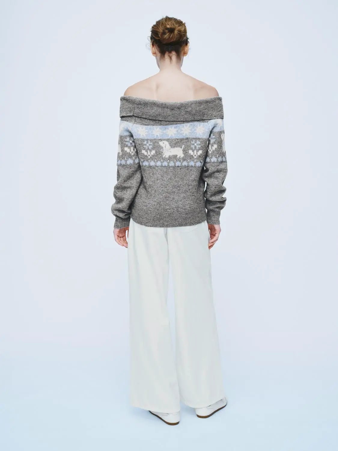 Ribbed Fair Isle Off-Shoulder Long Sleeve Sweater