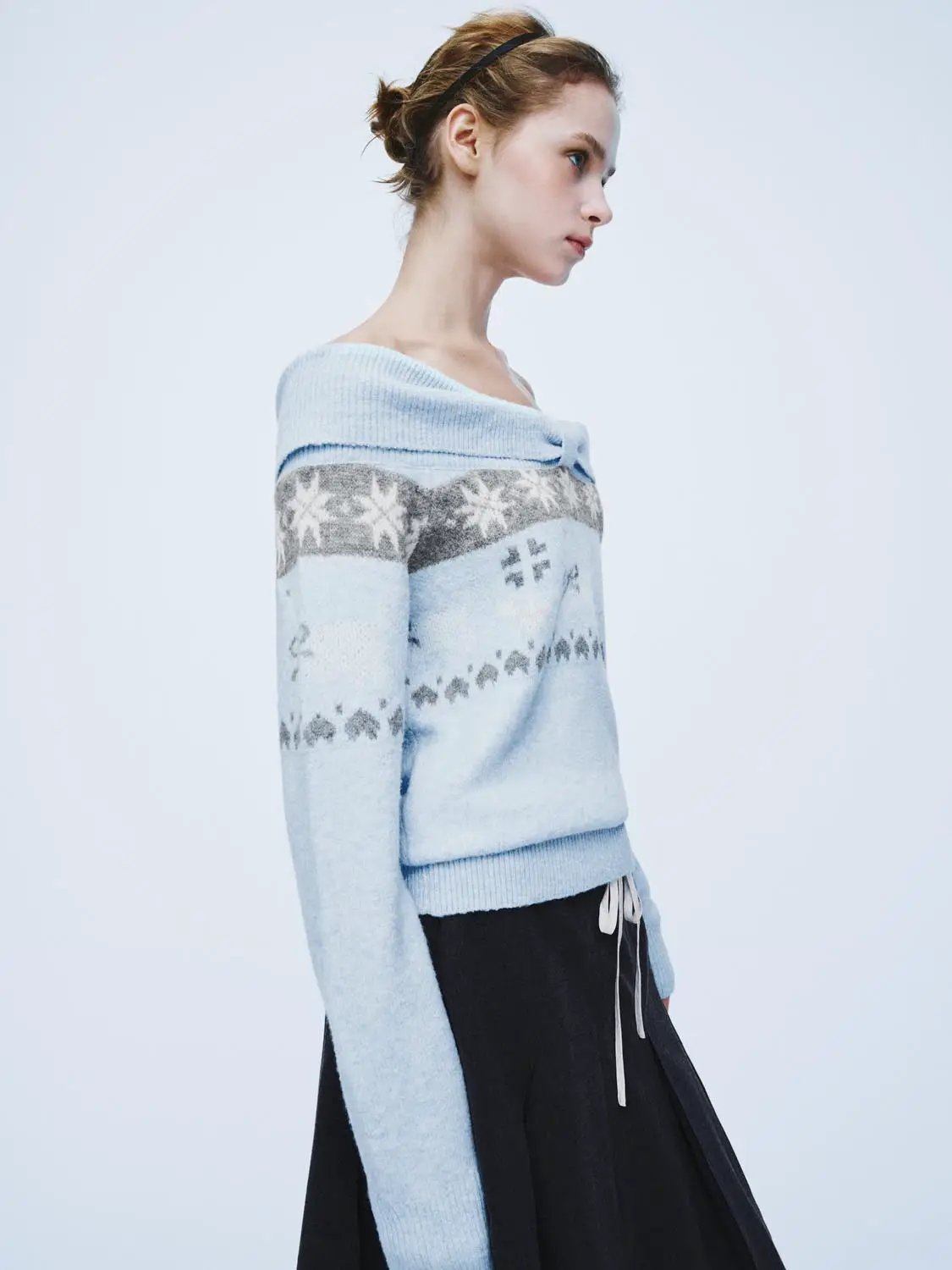Ribbed Fair Isle Off-Shoulder Long Sleeve Sweater