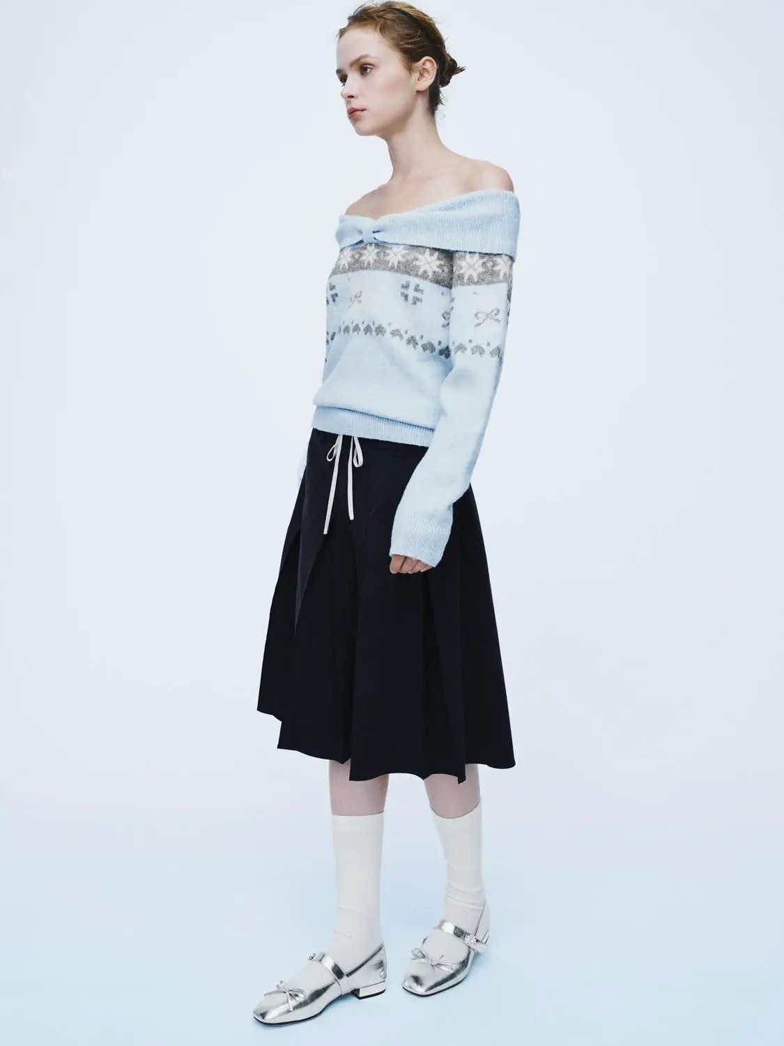 Ribbed Fair Isle Off-Shoulder Long Sleeve Sweater