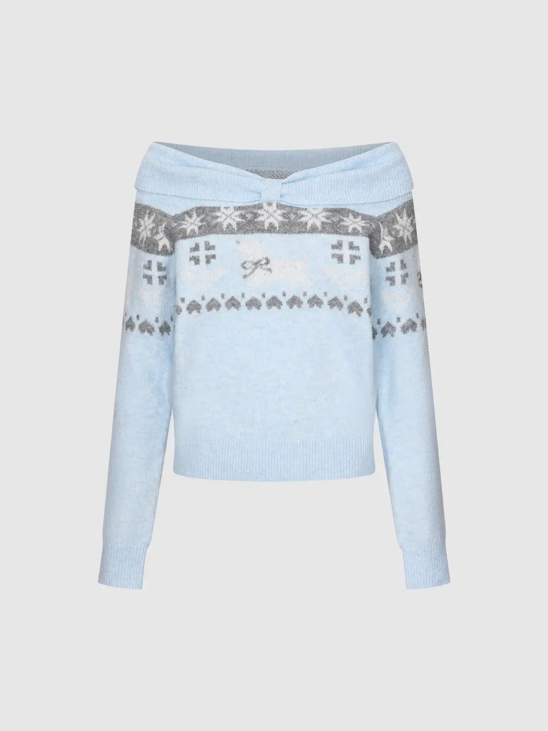 Ribbed Fair Isle Off-Shoulder Long Sleeve Sweater