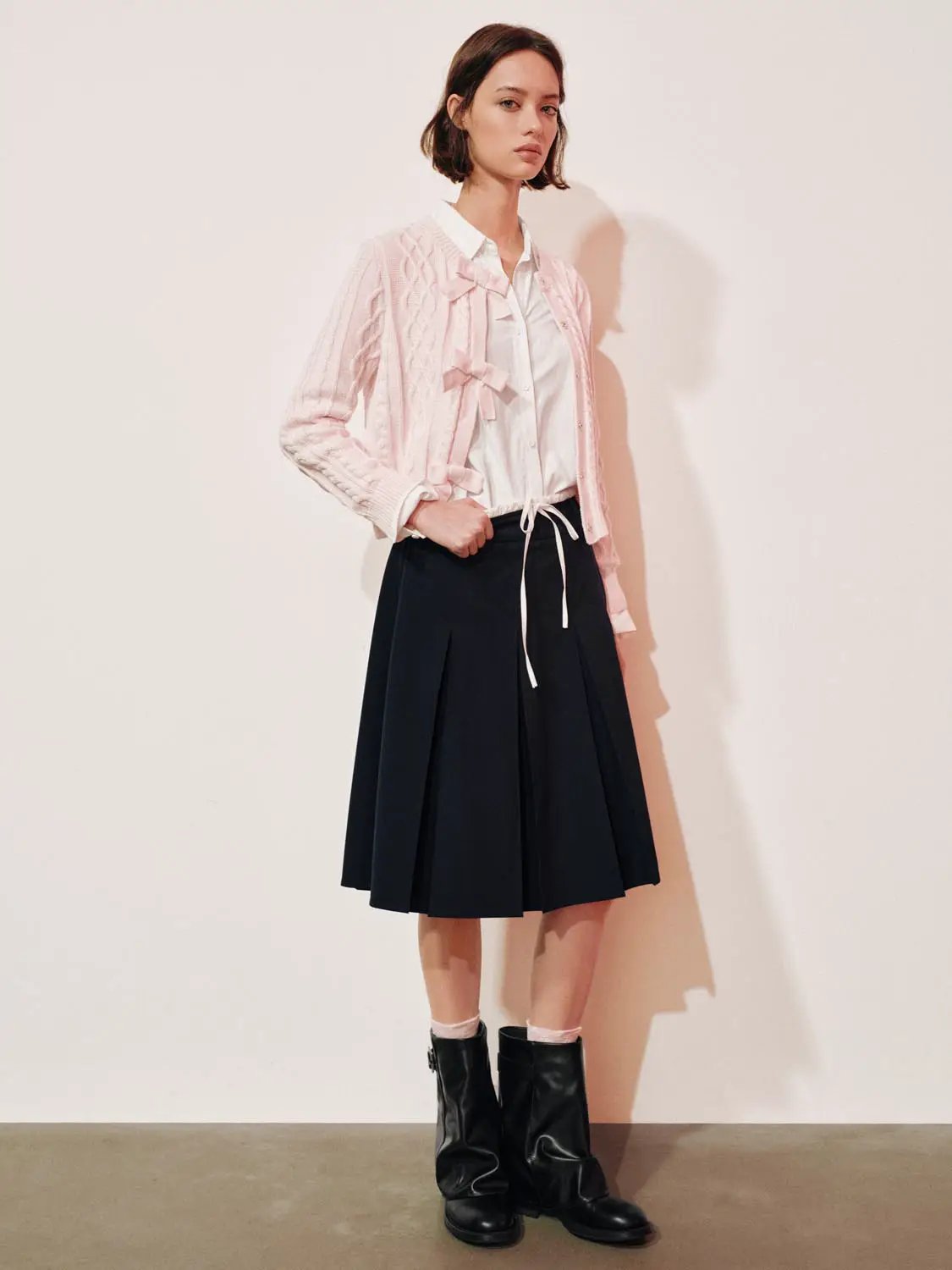 Cable Knit Bow Crew Neck Long Sleeve Cotton Blend Cardigan