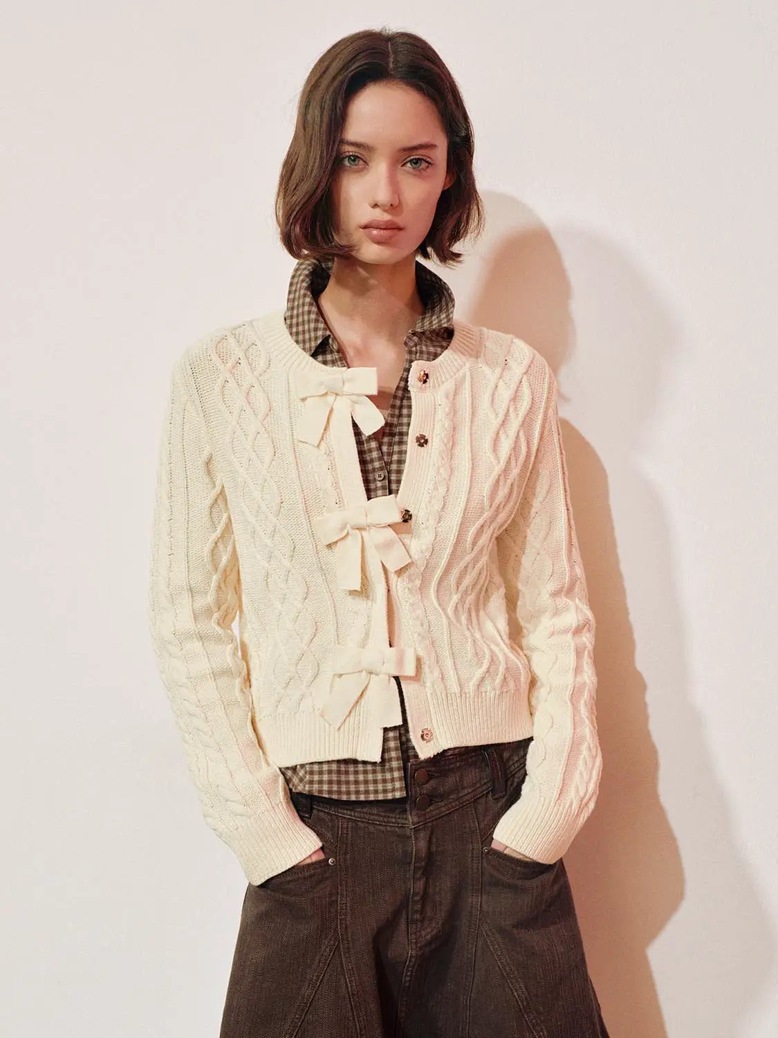 Cable Knit Bow Crew Neck Long Sleeve Cotton Blend Cardigan