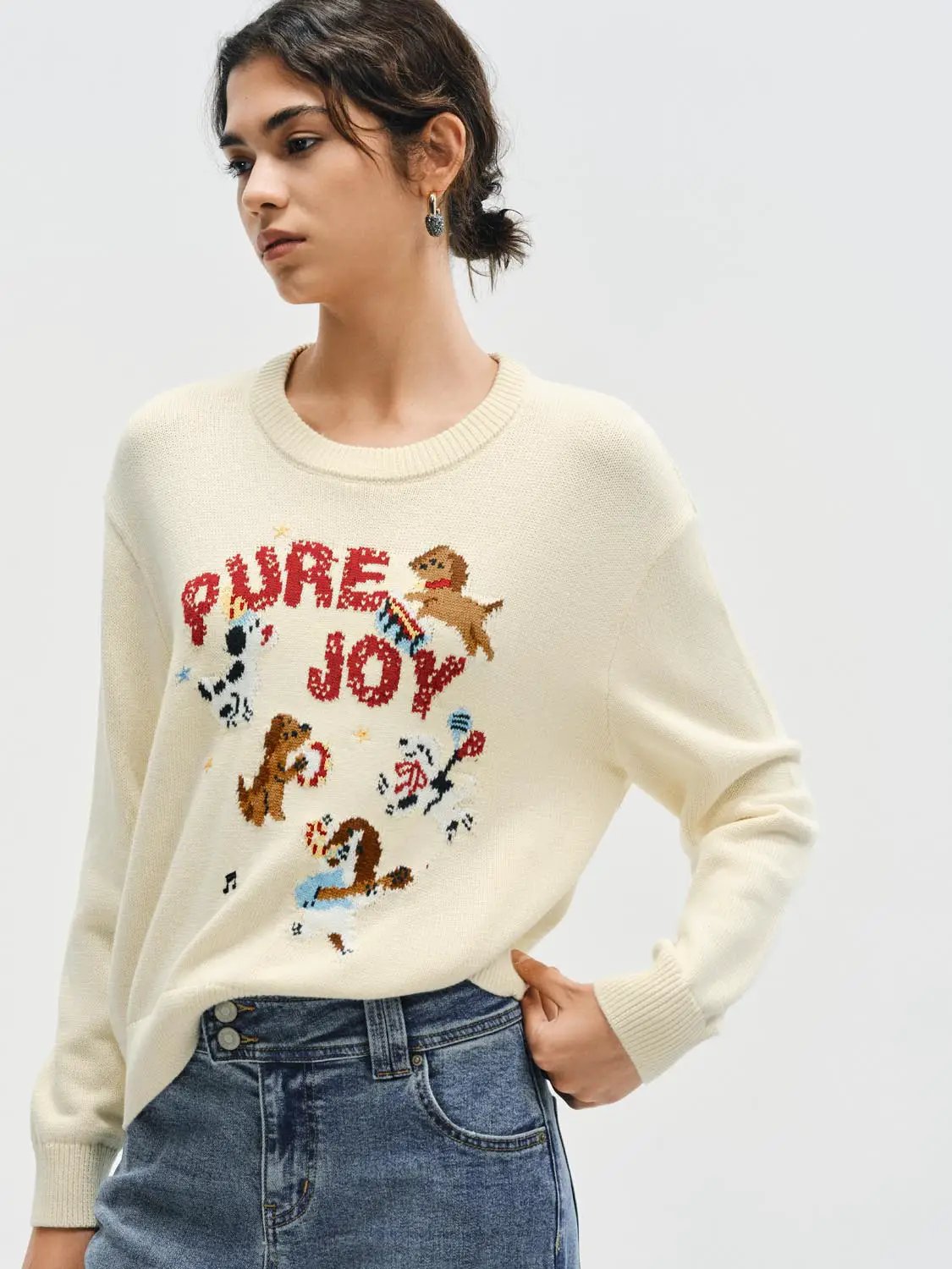 Graphic Ribbed Crew Neck Long Sleeve Cotton Sweater