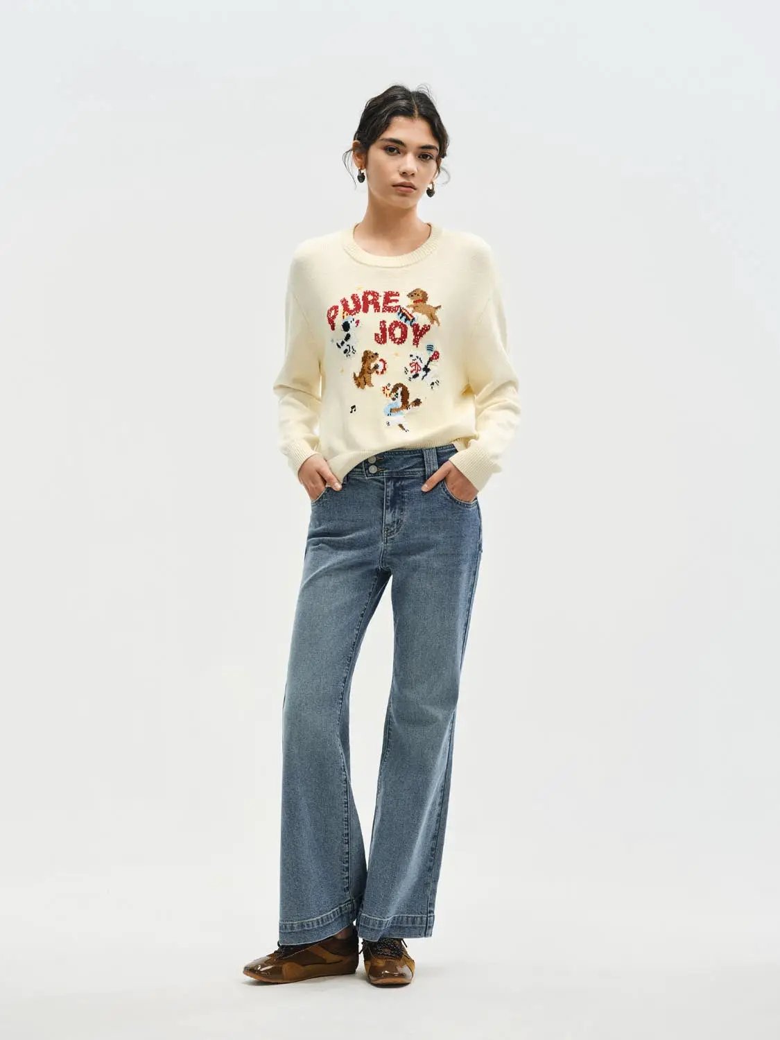 Graphic Ribbed Crew Neck Long Sleeve Cotton Sweater