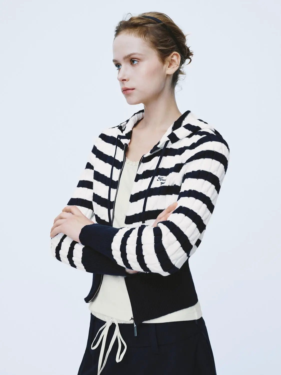 Striped Drawstring Zip Front Long Sleeve Cotton Hoodie