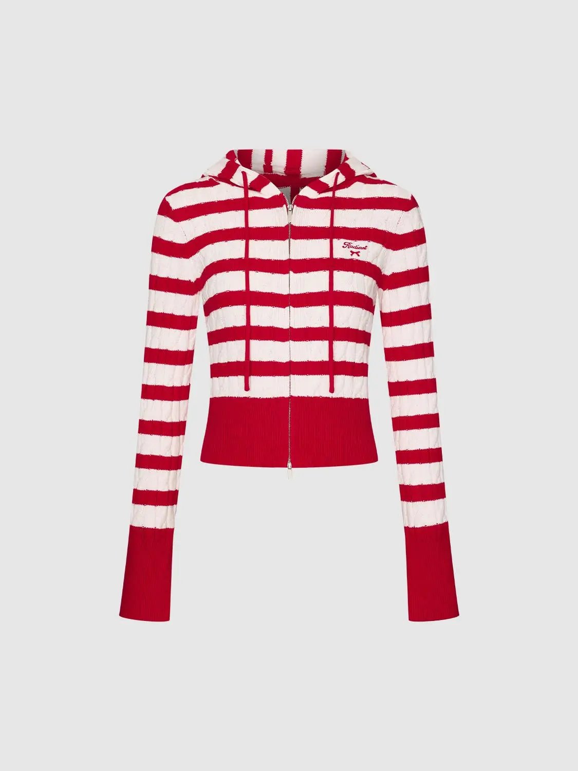 Striped Drawstring Zip Front Long Sleeve Cotton Hoodie