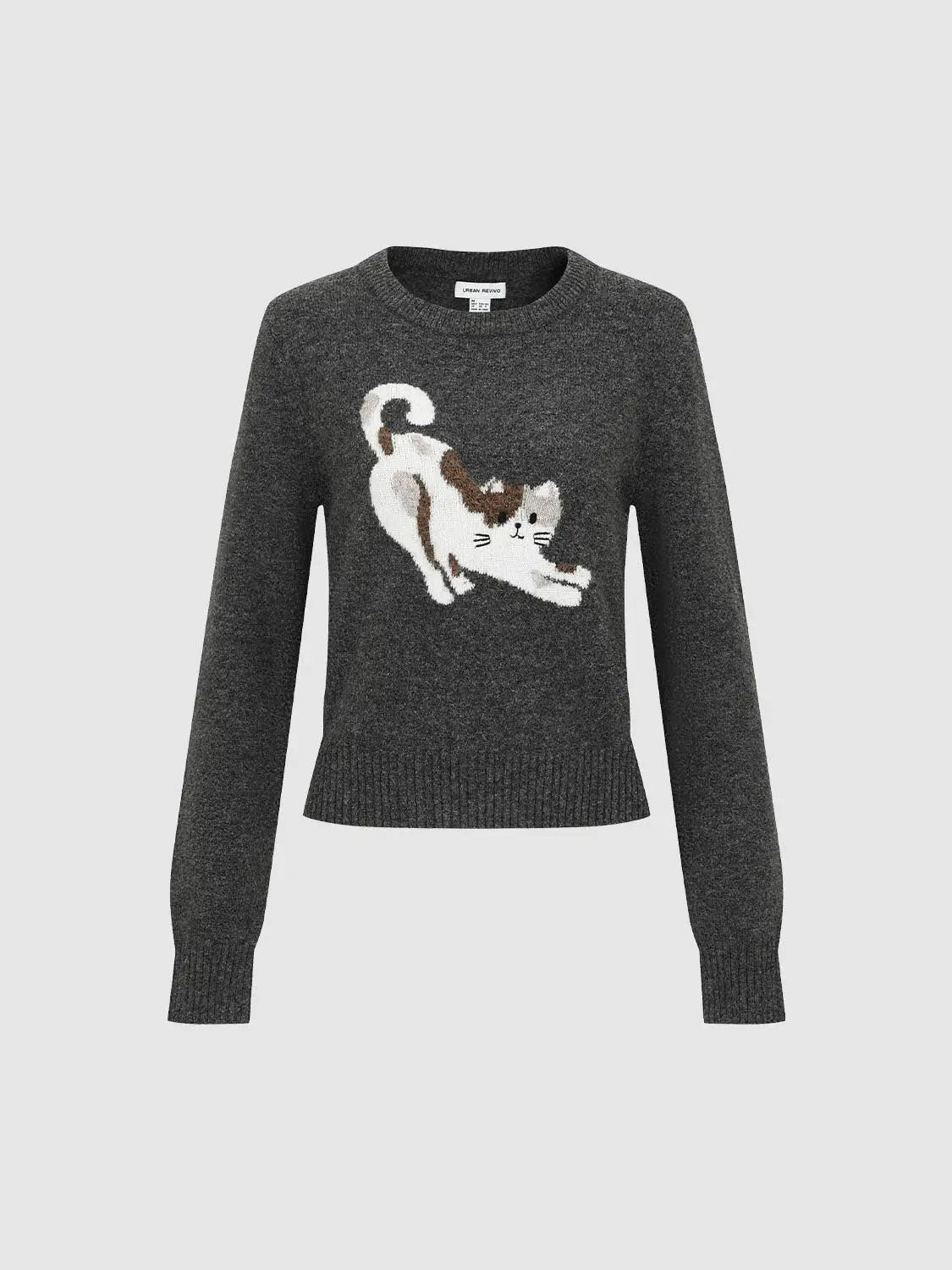 Cat Graphic Knit Crew Neck Long Sleeve Sweater