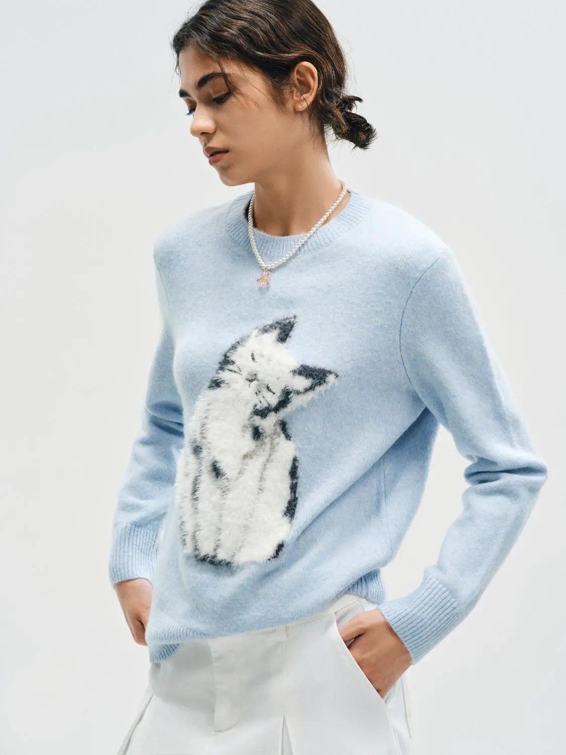 Ribbed Knit Cat Print Crew Neck Long Sleeve Sweater
