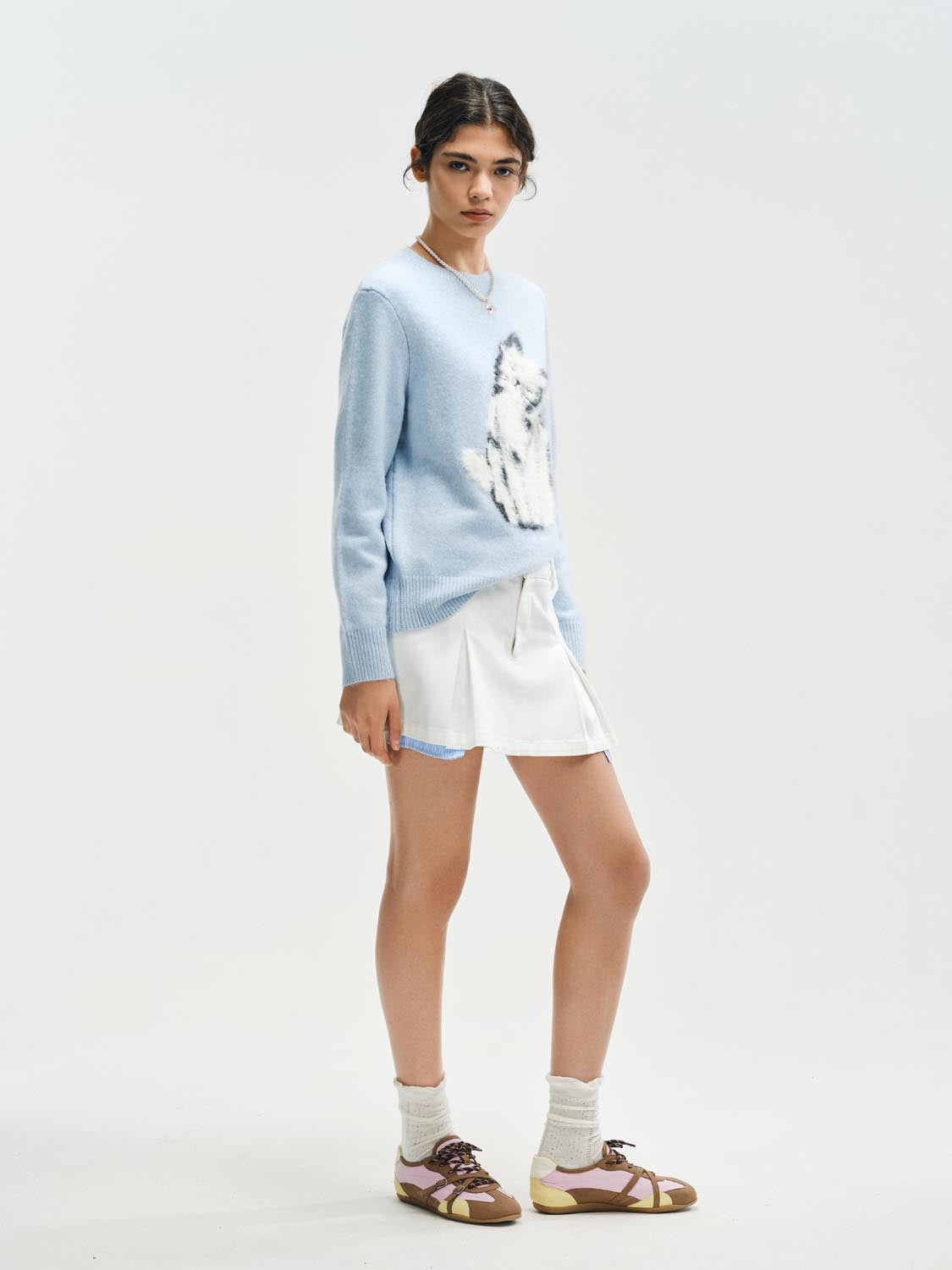 Ribbed Knit Cat Print Crew Neck Long Sleeve Sweater