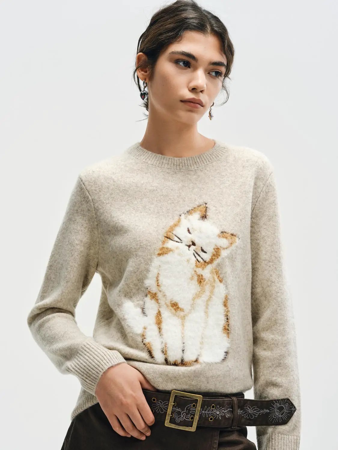 Ribbed Knit Cat Print Crew Neck Long Sleeve Sweater