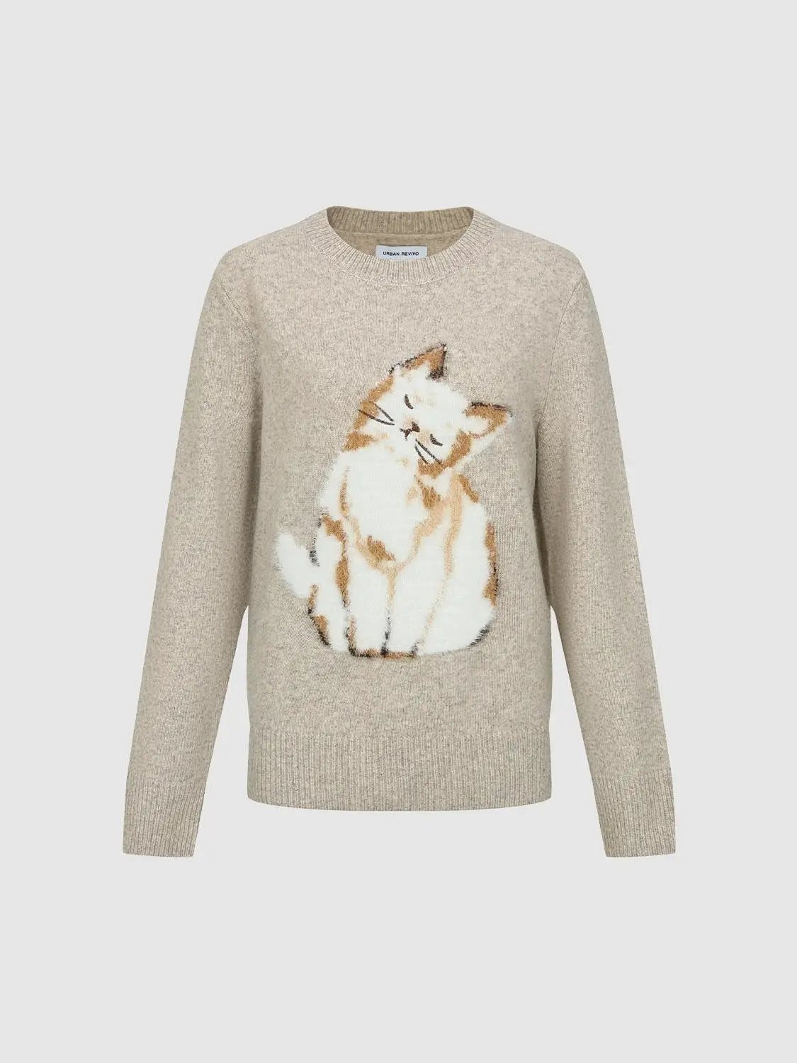 Ribbed Knit Cat Print Crew Neck Long Sleeve Sweater