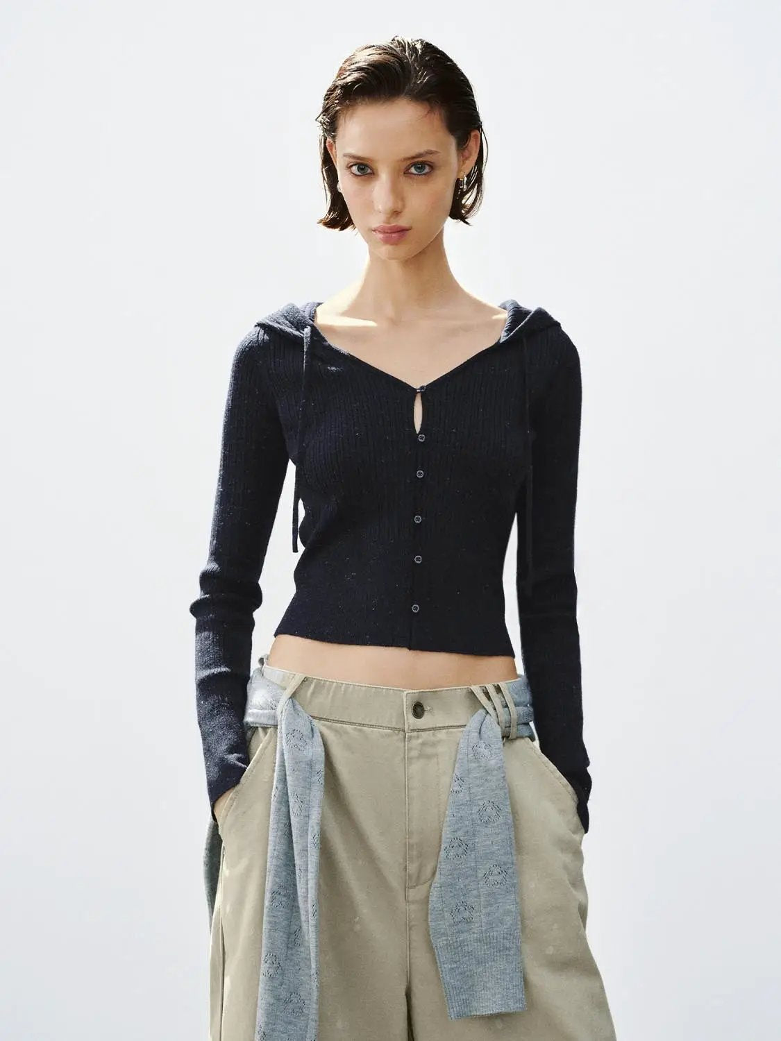 Fitted Ribbed Hooded Button-down Long Sleeve Cardigan
