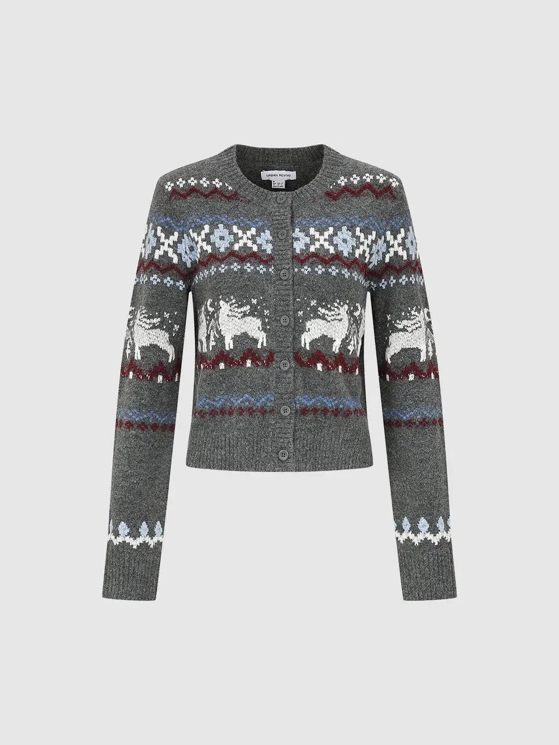 Fair Isle Knit Button Front Crew Neck Long Sleeve Cardigan