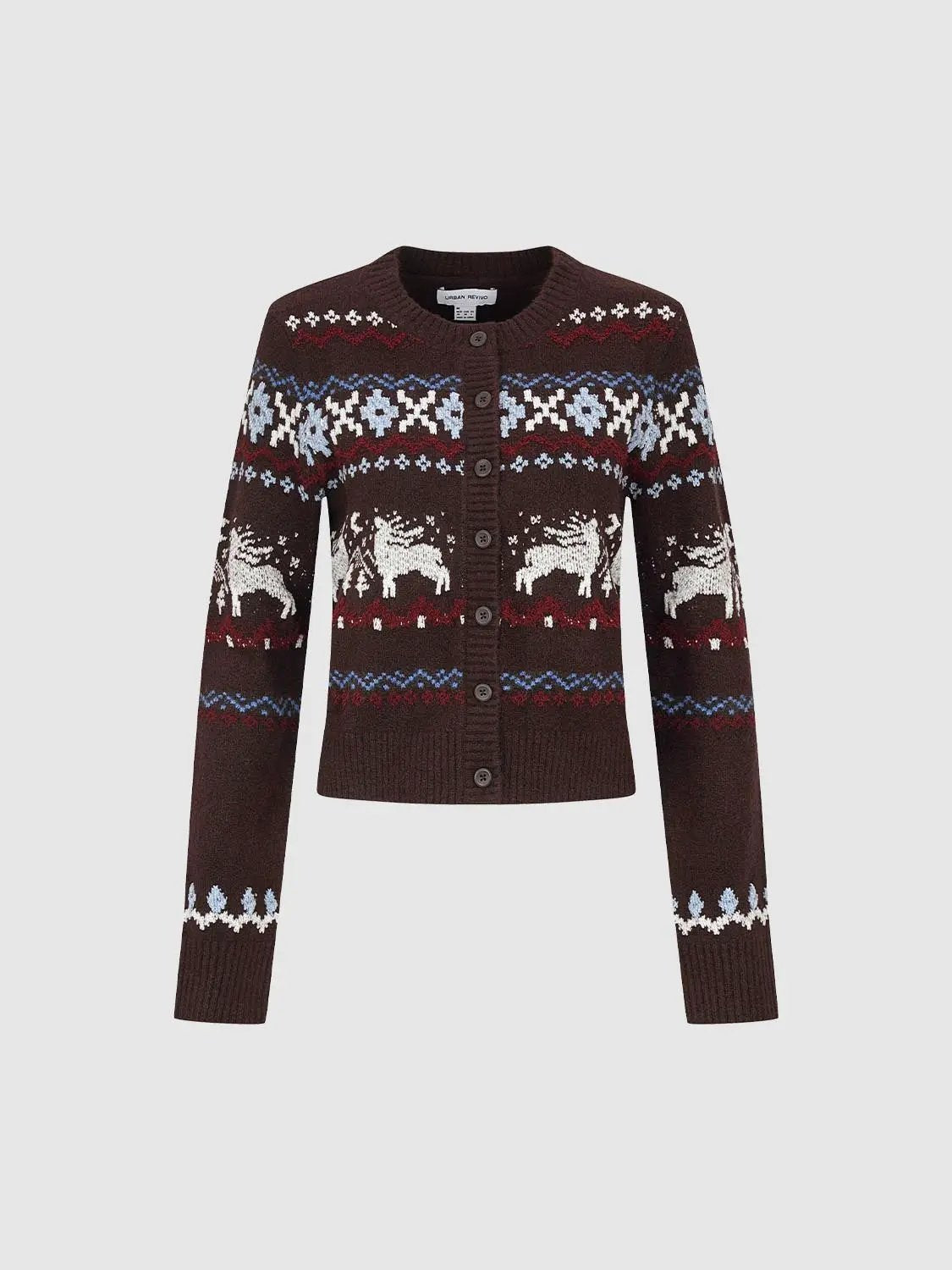 Fair Isle Knit Button Front Crew Neck Long Sleeve Cardigan