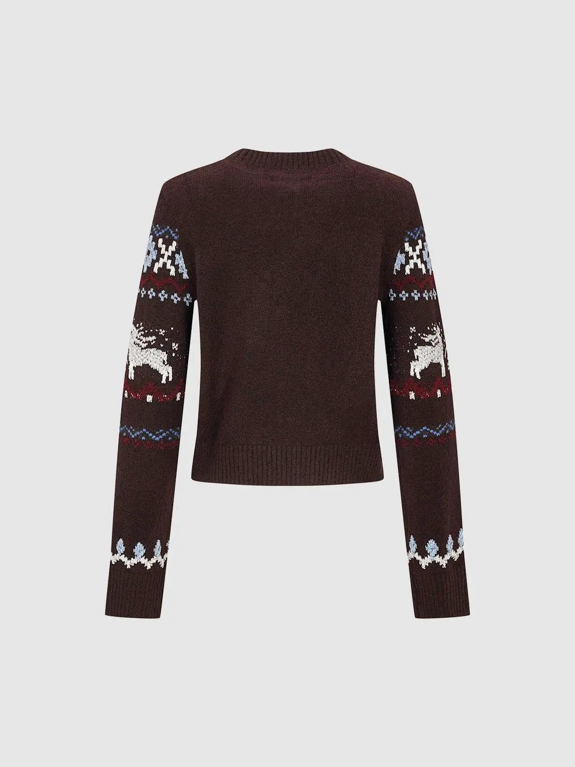 Fair Isle Knit Button Front Crew Neck Long Sleeve Cardigan