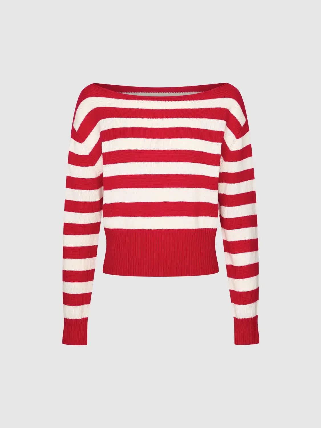 Striped Boat Neck Long Sleeve Ribbed Sweater