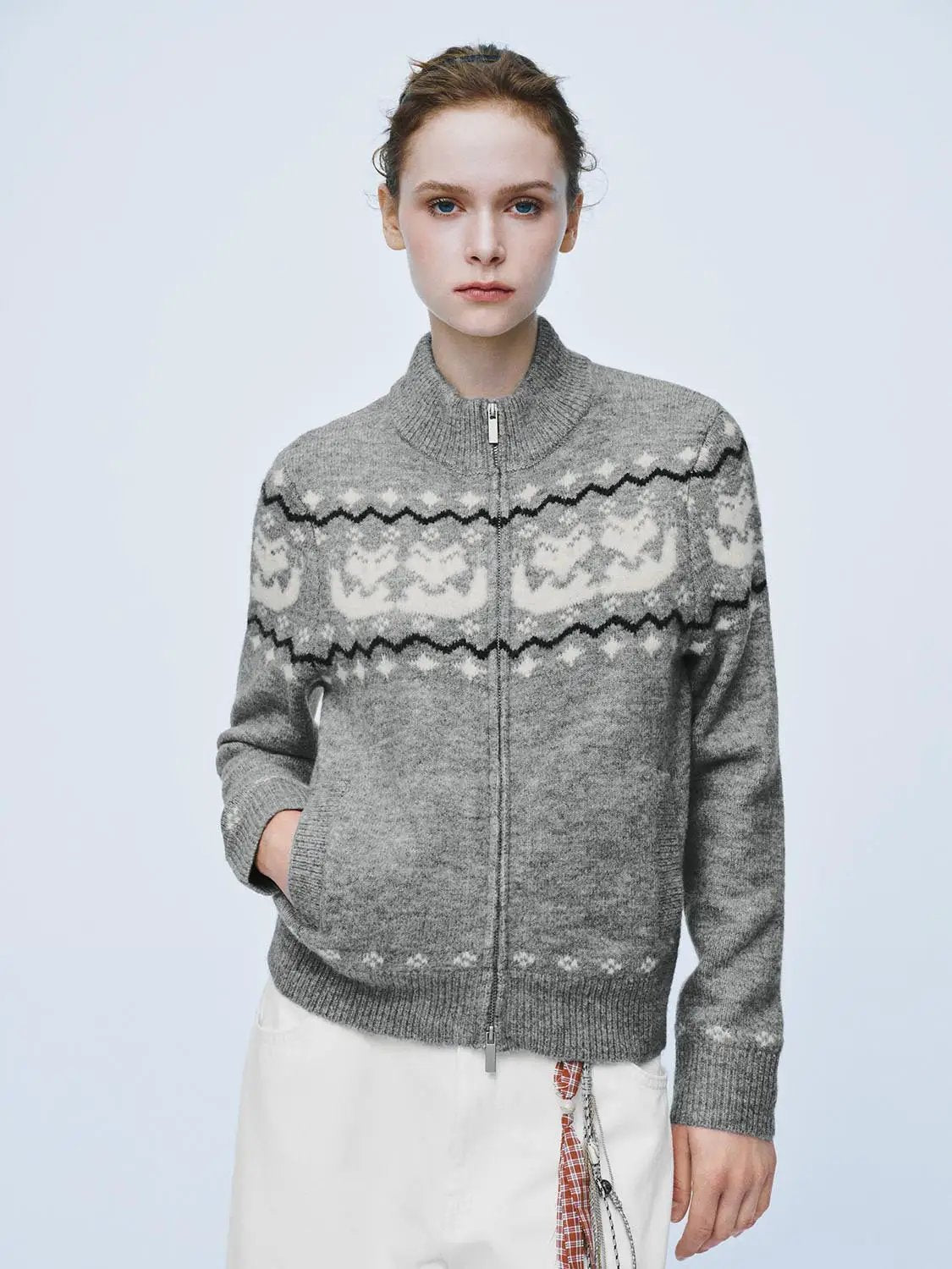 Zip Front Fair Isle Mock Neck Long Sleeve Cardigan